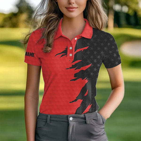 Personalized Womens golf polos shirt custom red golf shirts black American flag ladies golf apparel NQS9776