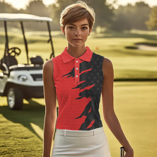 Womens sleeveless golf polos shirts red golf ball skin black American flag ladies golf apparel NQS9776