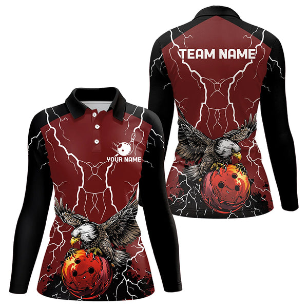 Women bowling Polo, Quarter Zip shirts Custom Eagle bowling lightning storm team league jerseys | Red NQS9781