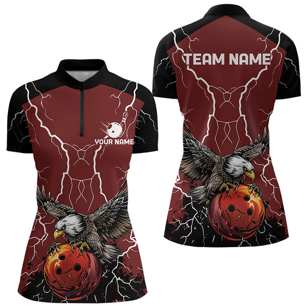 Women bowling Polo, Quarter Zip shirts Custom Eagle bowling lightning storm team league jerseys | Red NQS9781