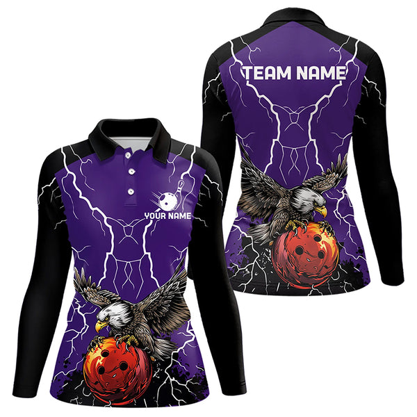 Women bowling Polo, Quarter Zip shirt Custom Eagle bowling lightning storm team league jersey | Purple NQS9782