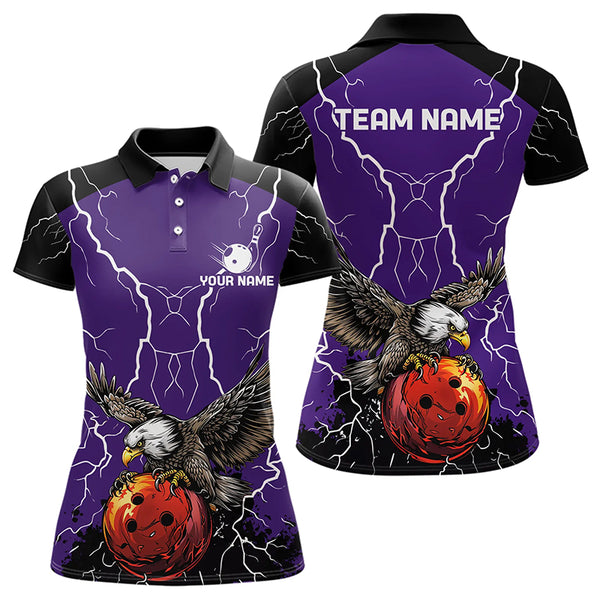 Women bowling Polo, Quarter Zip shirt Custom Eagle bowling lightning storm team league jersey | Purple NQS9782
