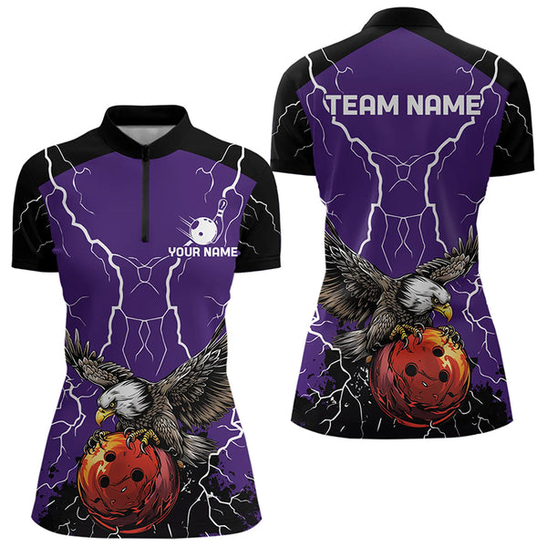 Women bowling Polo, Quarter Zip shirt Custom Eagle bowling lightning storm team league jersey | Purple NQS9782