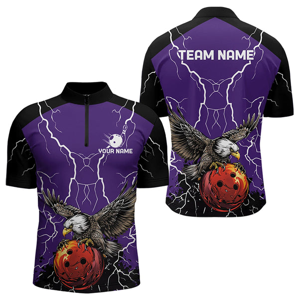 Men's bowling Polo, Quarter Zip shirt Custom Eagle bowling lightning storm team league jersey | Purple NQS9782