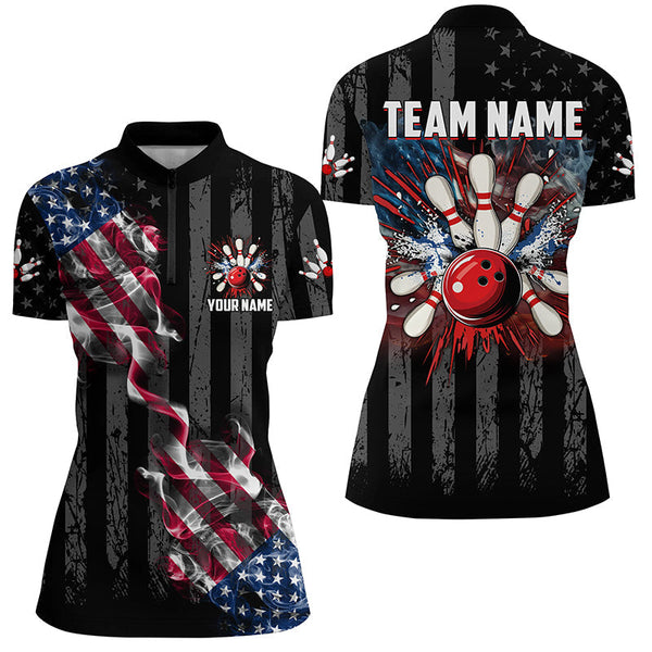 Black American flag smoke Women Bowling Polo, Quarter Zip shirt Custom Patriotic Team Bowling Jersey NQS7689