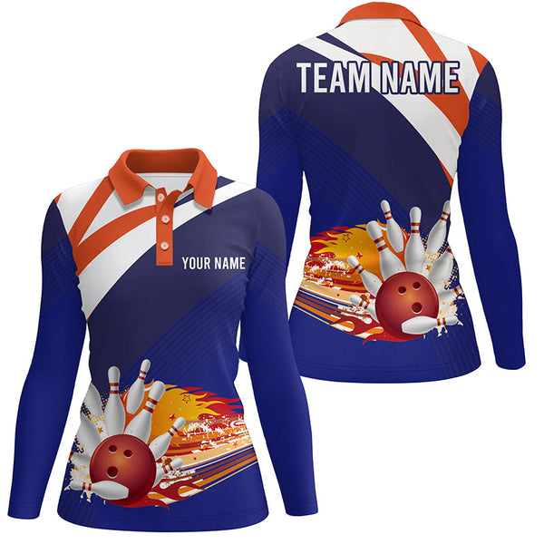Blue and orange Women's Polo Bowling Shirt Custom Name Ladies Bowlers Jersey, team bowling gifts NQS5830