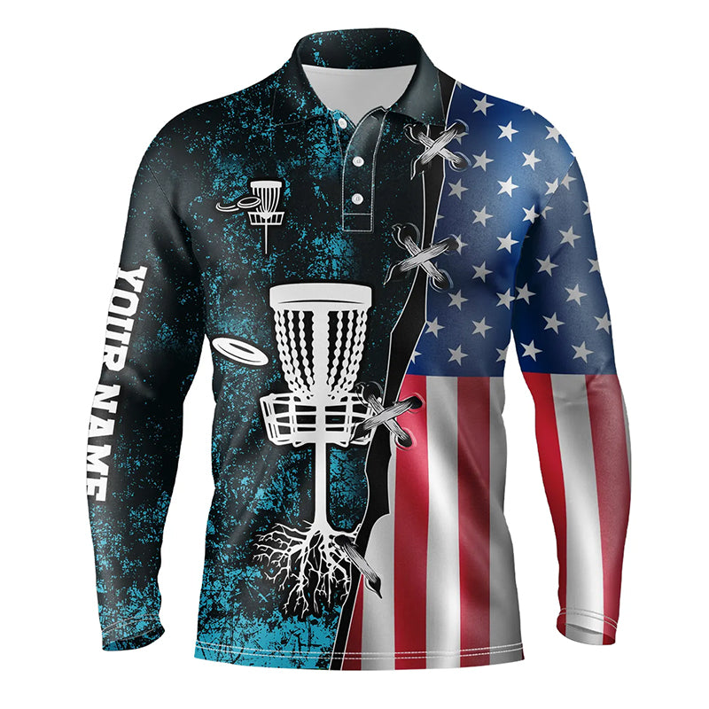 Mens disc golf polo shirt American flag blue grunge custom disc golf team shirt, disc golf gifts NQS7933