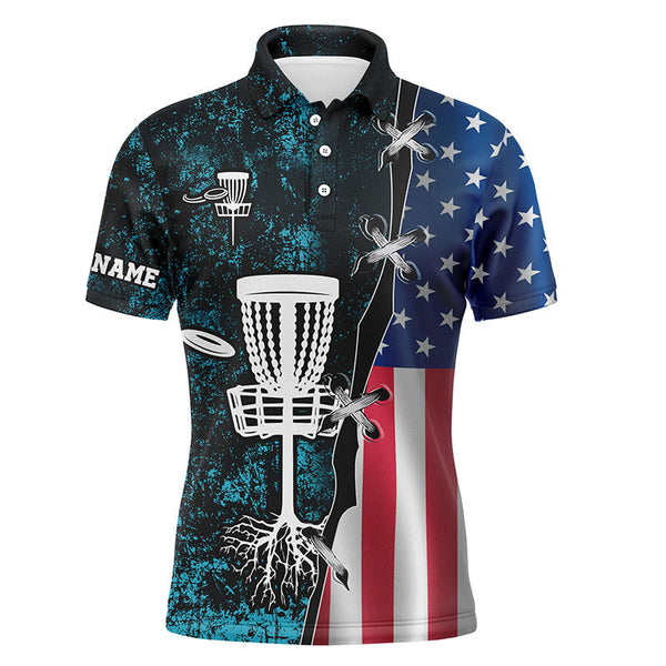 Mens disc golf polo shirt American flag blue grunge custom disc golf team shirt, disc golf gifts NQS7933