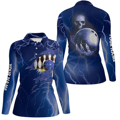 Personalized bowling polo shirt for women blue lightning Custom name Team skull bowling Jerseys NQS6022