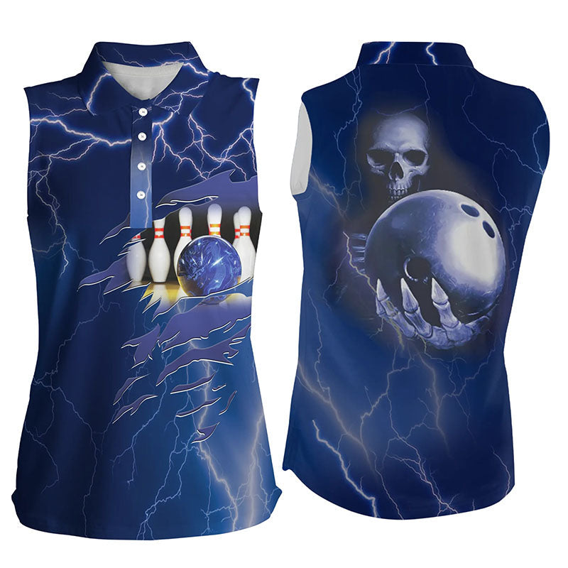 Personalized bowling sleeveless polo for women blue lightning Team skull bowling Jerseys NQS6022