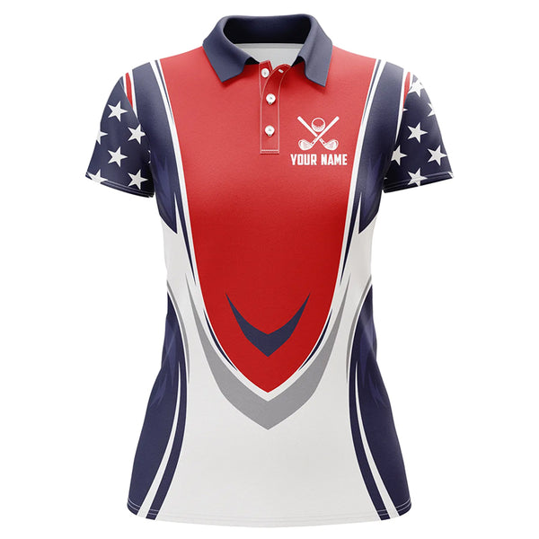 Red, white and blue American Flag matching team golf shirts custom patriotic golf attire for couples NQS8361
