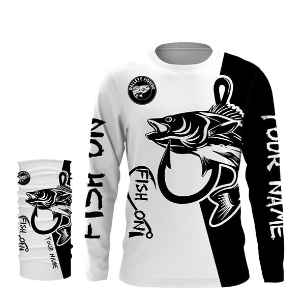 Walleye fishing tattoo fish on black white UV protection Customize name long sleeves fishing shirts NQS4216