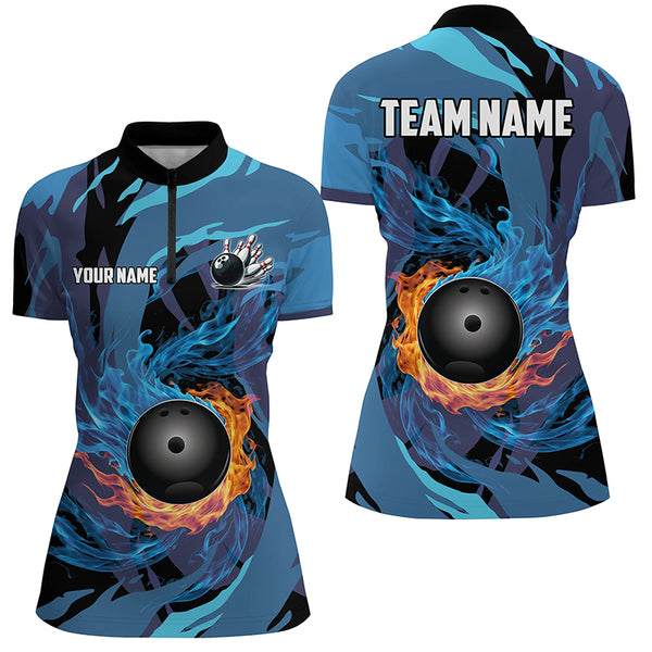 Orange and Blue Flame Camo Bowling Shirts For Women Custom Bowling Team League Jerseys with name NQS8814