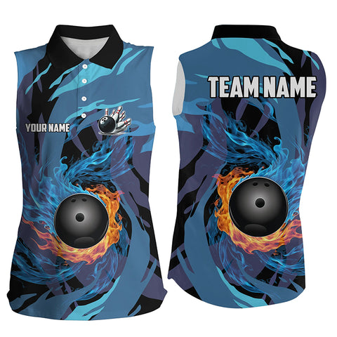 Orange and Blue Flame Camo Bowling sleeveless polo Shirt Custom Bowling Team League Jerseys with name NQS8814