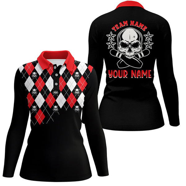 Black red argyle pattern bowling skull custom bowling polo shirts for women, bowling jerseys NQS6916