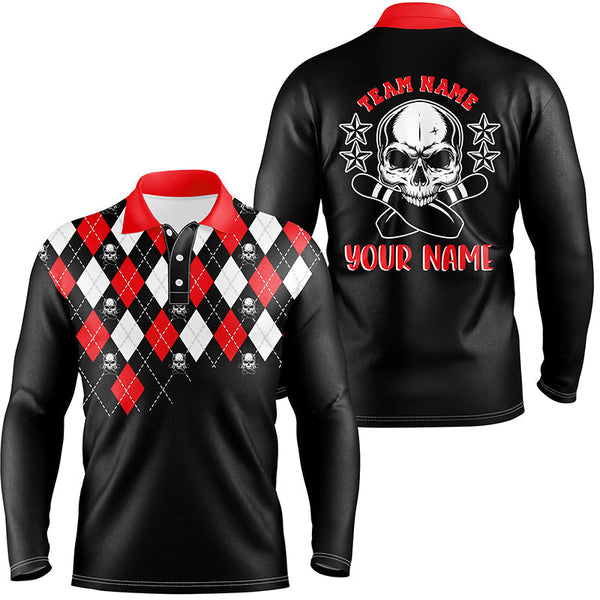 Black red argyle pattern bowling skull custom bowling polo shirts for men, bowling jerseys NQS6916