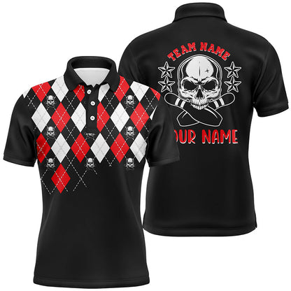Black red argyle pattern bowling skull custom bowling polo shirts for men, bowling jerseys NQS6916