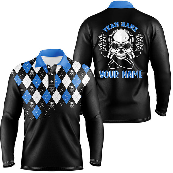 Black and blue argyle pattern bowling skull custom bowling polo shirts for men, bowling jerseys NQS6917
