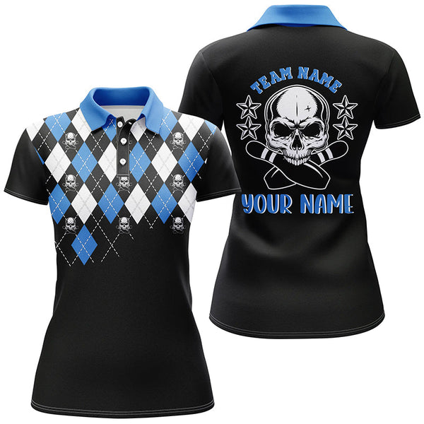 Black and blue argyle pattern bowling skull custom bowling polo shirts for women, bowling jerseys NQS6917