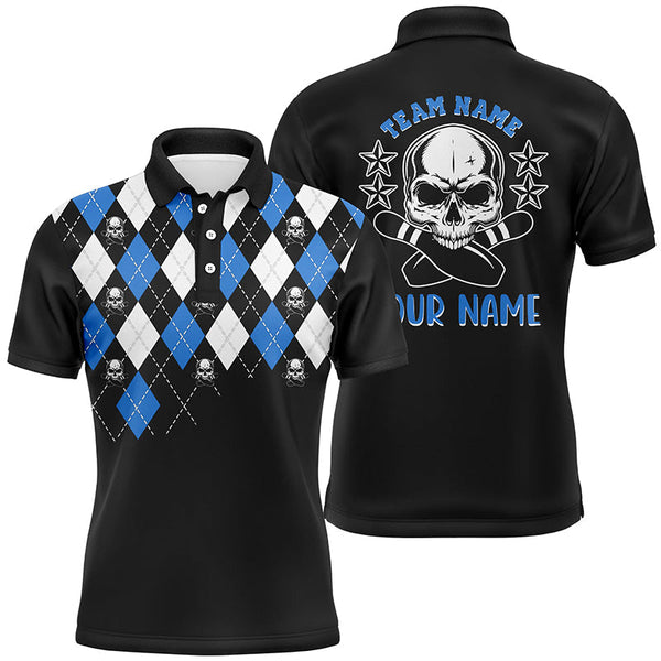 Black and blue argyle pattern bowling skull custom bowling polo shirts for men, bowling jerseys NQS6917