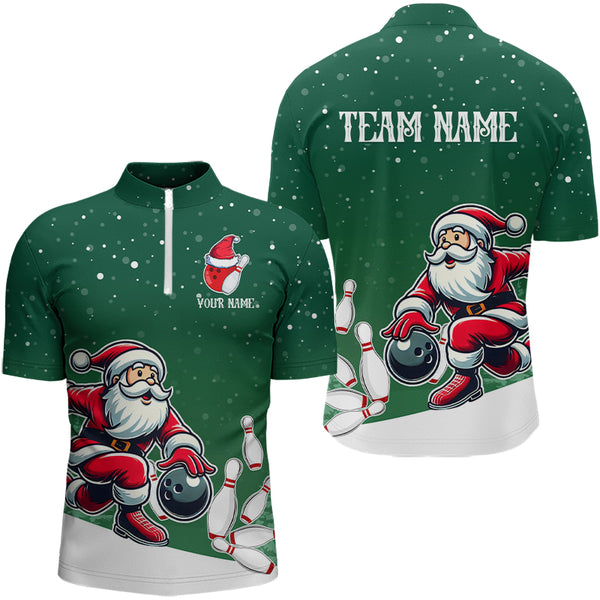 Christmas Santa Bowling Polo, Quarter Zip Shirts For Men Custom Christmas Bowling Team Jerseys | Green NQS9053