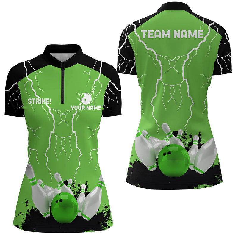 Womens bowling Quarter Zip shirt Custom bowling strike lightning storm team league jersey | Green NQS7083