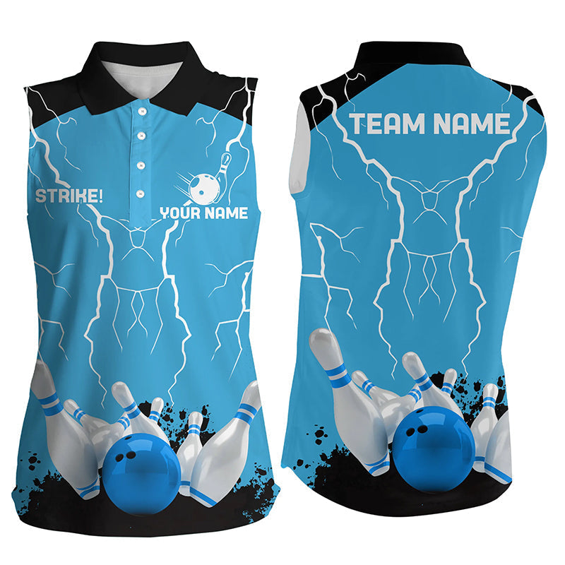 Women sleeveless polo shirts Custom bowling strike lightning storm team league jerseys | Blue NQS7084