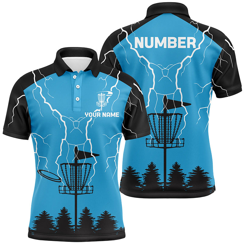Mens disc golf polo shirt blue lightning storm custom disc golf shirt, disc golf gifts NQS7085