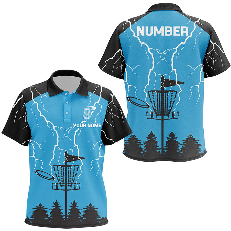 Kid disc golf polo shirt blue lightning storm custom disc golf shirt, disc golf gifts NQS7085