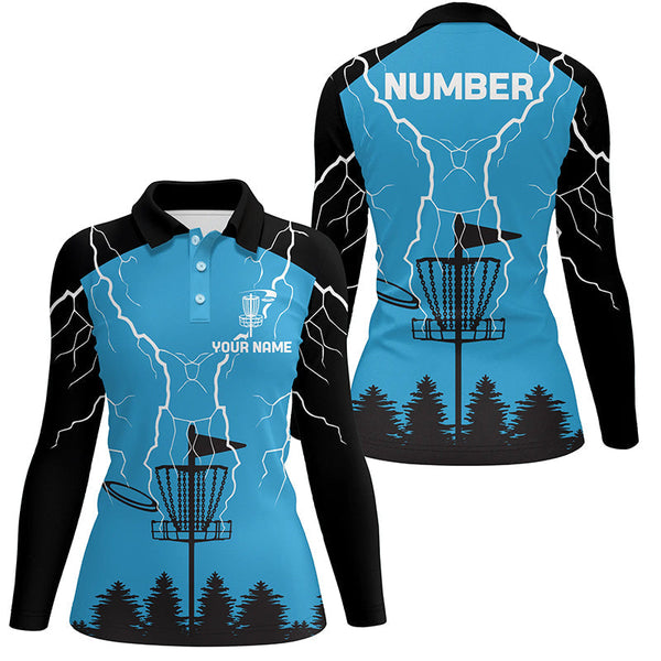 Womens disc golf polo shirt blue lightning storm custom name disc golf shirt, disc golf gifts NQS7085