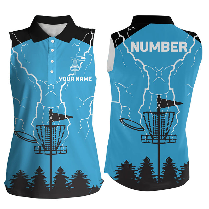 Womens disc golf sleeveless polo shirt blue lightning storm custom disc golf shirt, disc golf gifts NQS7085