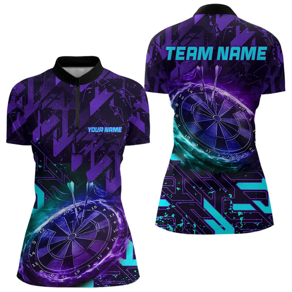 Women Darts Polo, Quarter Zip shirts Custom purple blue abstract Darts Team Jerseys, Darts gifts NQS9449