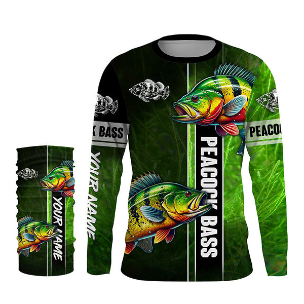 Peacock bass fishing green shirt Custom Long Sleeve Fishing Shirts, fishing gifts for men, women, kid NQS4804