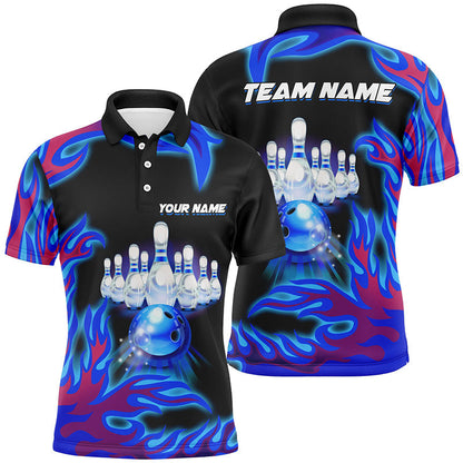 Personalized Blue Flame Bowling Team Jerseys, Mens polo bowling shirts Bowling League NQS7371