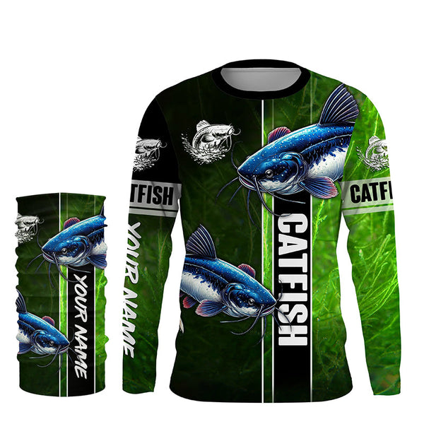 Catfish Fishing green Customize Name Long Sleeve Fishing Shirts, fishing gifts for men, women, kid NQS1728