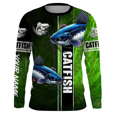 Catfish Fishing green Customize Name Long Sleeve Fishing Shirts, fishing gifts for men, women, kid NQS1728