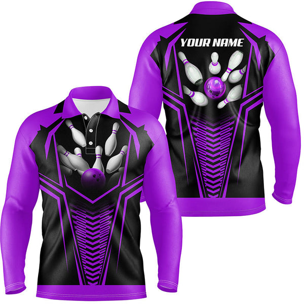 Men Bowling Polo, Quarter Zip Shirts custom Purple and black Bowling Ball and Pins bowling jerseys NQS8136
