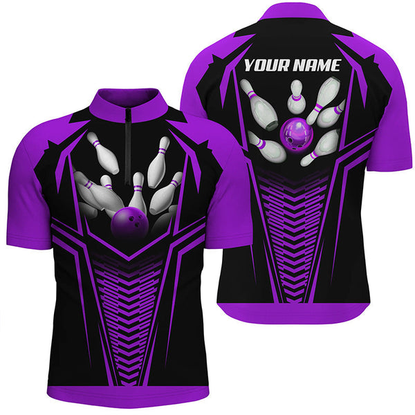 Men Bowling Polo, Quarter Zip Shirts custom Purple and black Bowling Ball and Pins bowling jerseys NQS8136