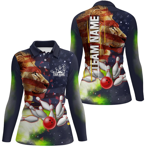 American flag Lion Bowling Polo, Quarter Zip Shirt For Women Custom Patriotic Bowling Team Jerseys NQS8565