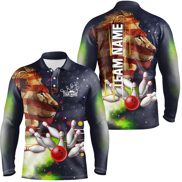 American flag Lion Bowling Polo, Quarter Zip Shirt For Men Custom Patriotic Bowling Team Jersey Outfit NQS8565