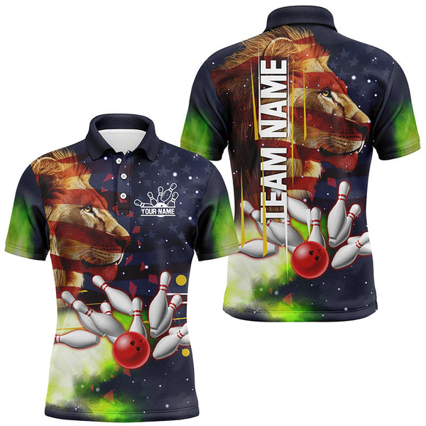 American flag Lion Bowling Polo, Quarter Zip Shirt For Men Custom Patriotic Bowling Team Jersey Outfit NQS8565