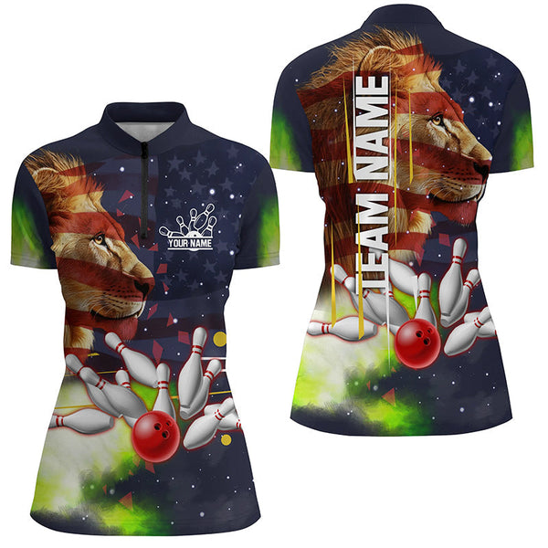 American flag Lion Bowling Polo, Quarter Zip Shirt For Women Custom Patriotic Bowling Team Jerseys NQS8565