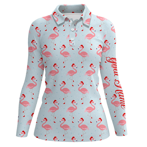 Funny Womens golf polo shirt custom Christmas pattern with tropical winter flamingos in xmas Santa hat NQS6719