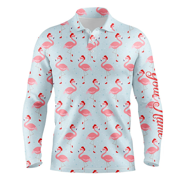 Funny Mens golf polo shirt custom Christmas pattern with tropical winter flamingos in xmas Santa hat NQS6719