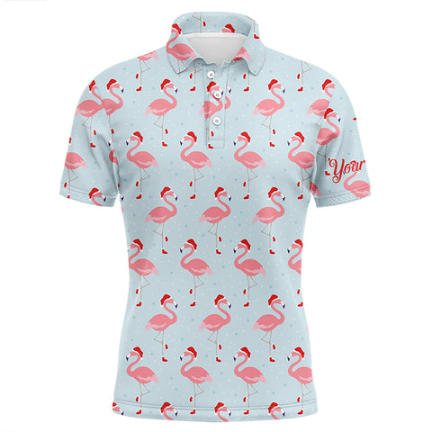Funny Mens golf polo shirt custom Christmas pattern with tropical winter flamingos in xmas Santa hat NQS6719