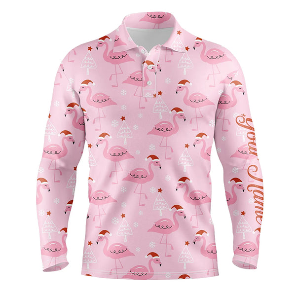 Mens golf polo shirt custom pink flamingo Christmas pattern in xmas Santa hat, Christmas golf gifts NQS6720