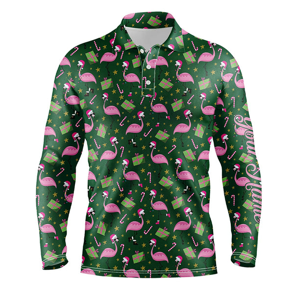 Mens golf polo shirt custom green Flamingo Christmas pattern golf shirt, gift for golf lovers NQS6722
