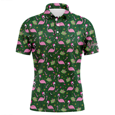 Mens golf polo shirt custom green Flamingo Christmas pattern golf shirt, gift for golf lovers NQS6722
