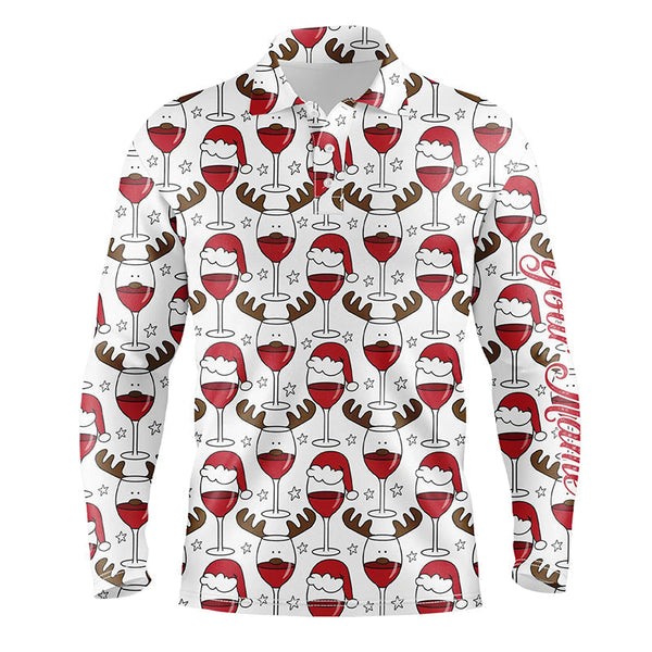 Mens golf polo shirt custom Christmas Wine glass in reindeer antler santa hat, gift for golf lovers NQS6723