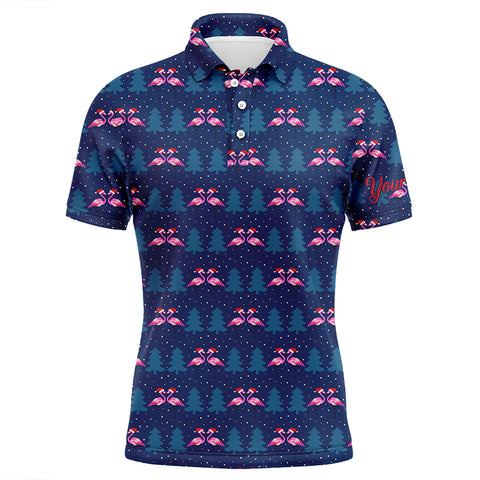 Mens golf polo shirt custom blue Christmas pattern with flamingos in hats, gift for golf lovers NQS6724